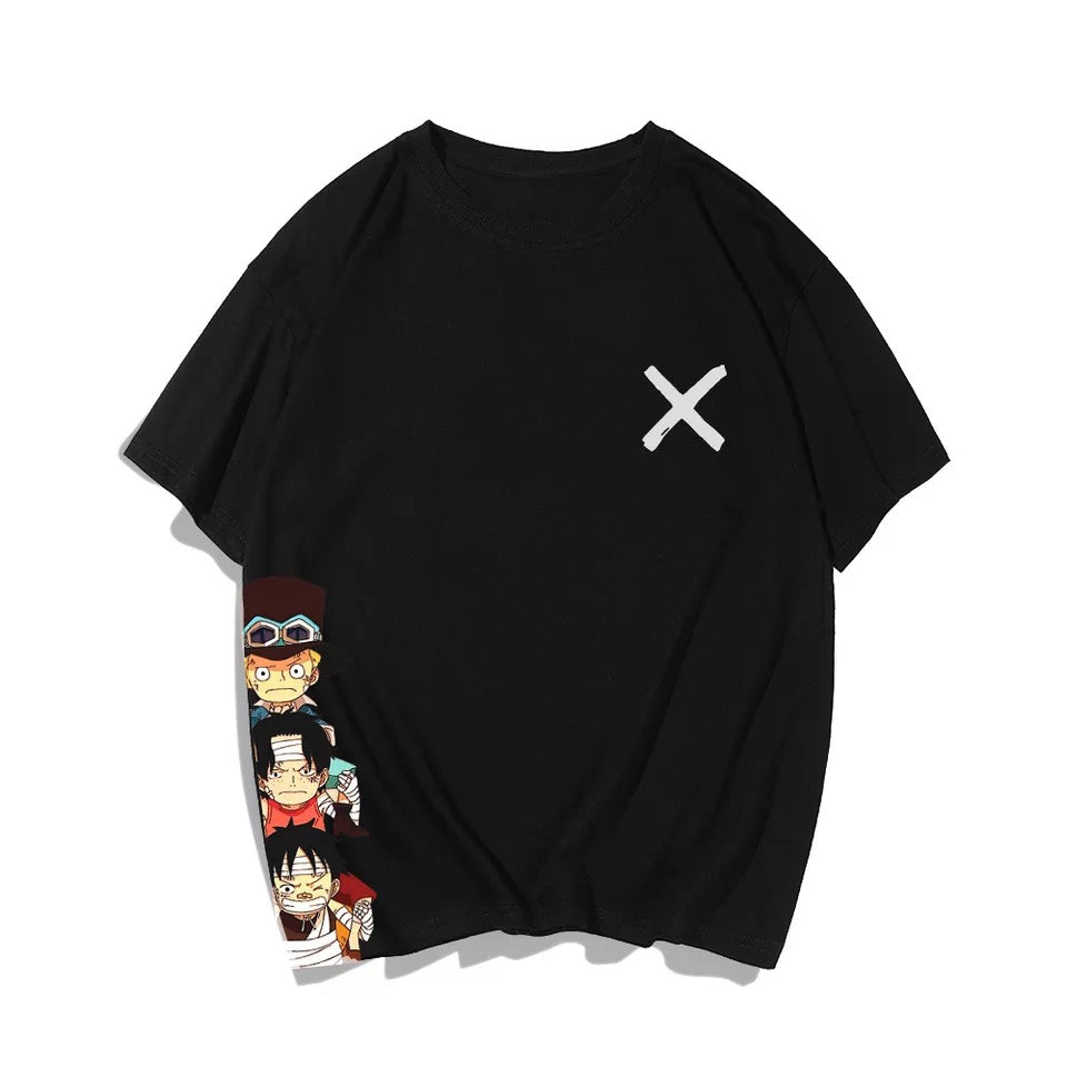 One Piece Cartoon Luffy, Ace and Sabo Crossmark Summer T-shirt