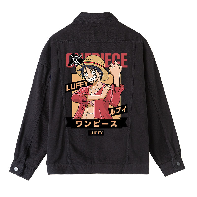 One Piece Character Printing Black Denim Jacket
