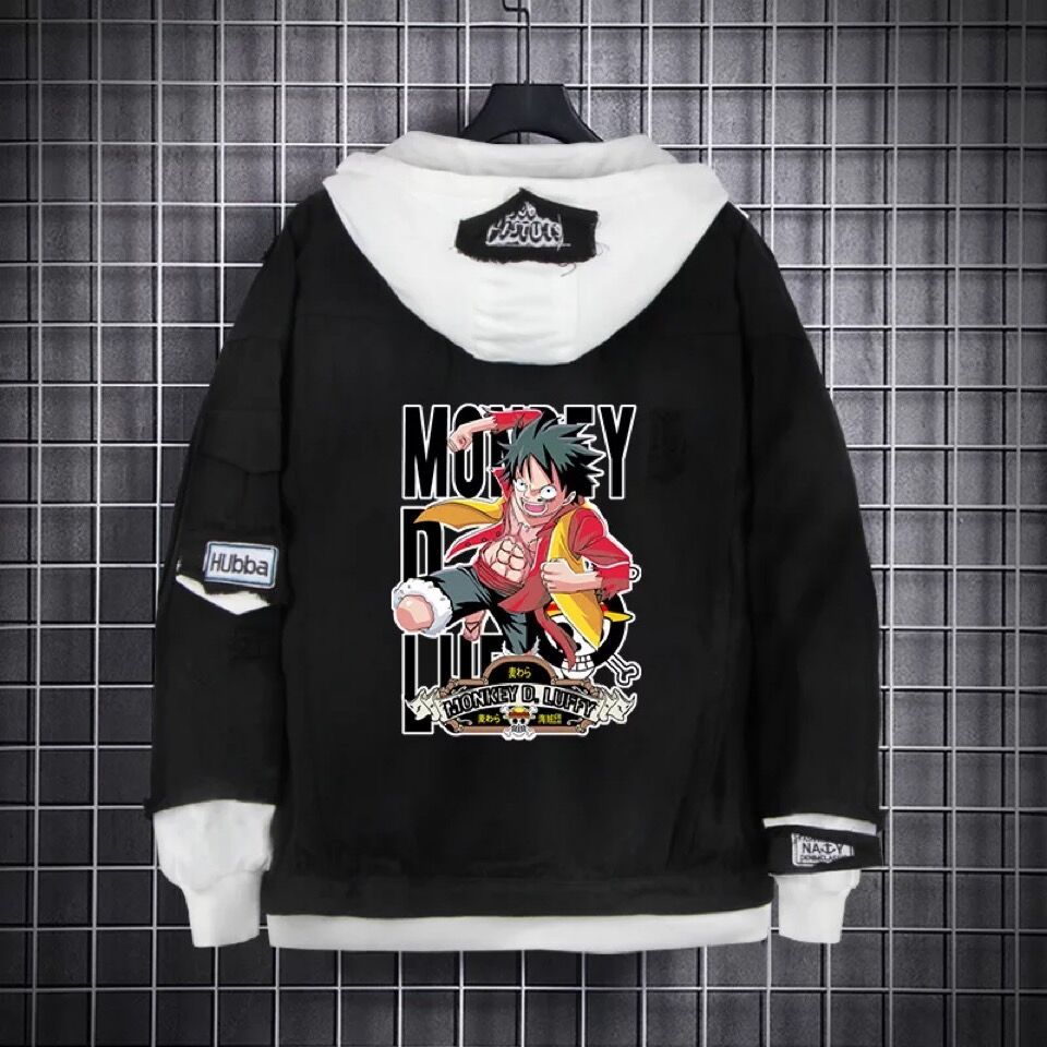 One Piece Black Layered Hooded Denim Jacket www.animationtee